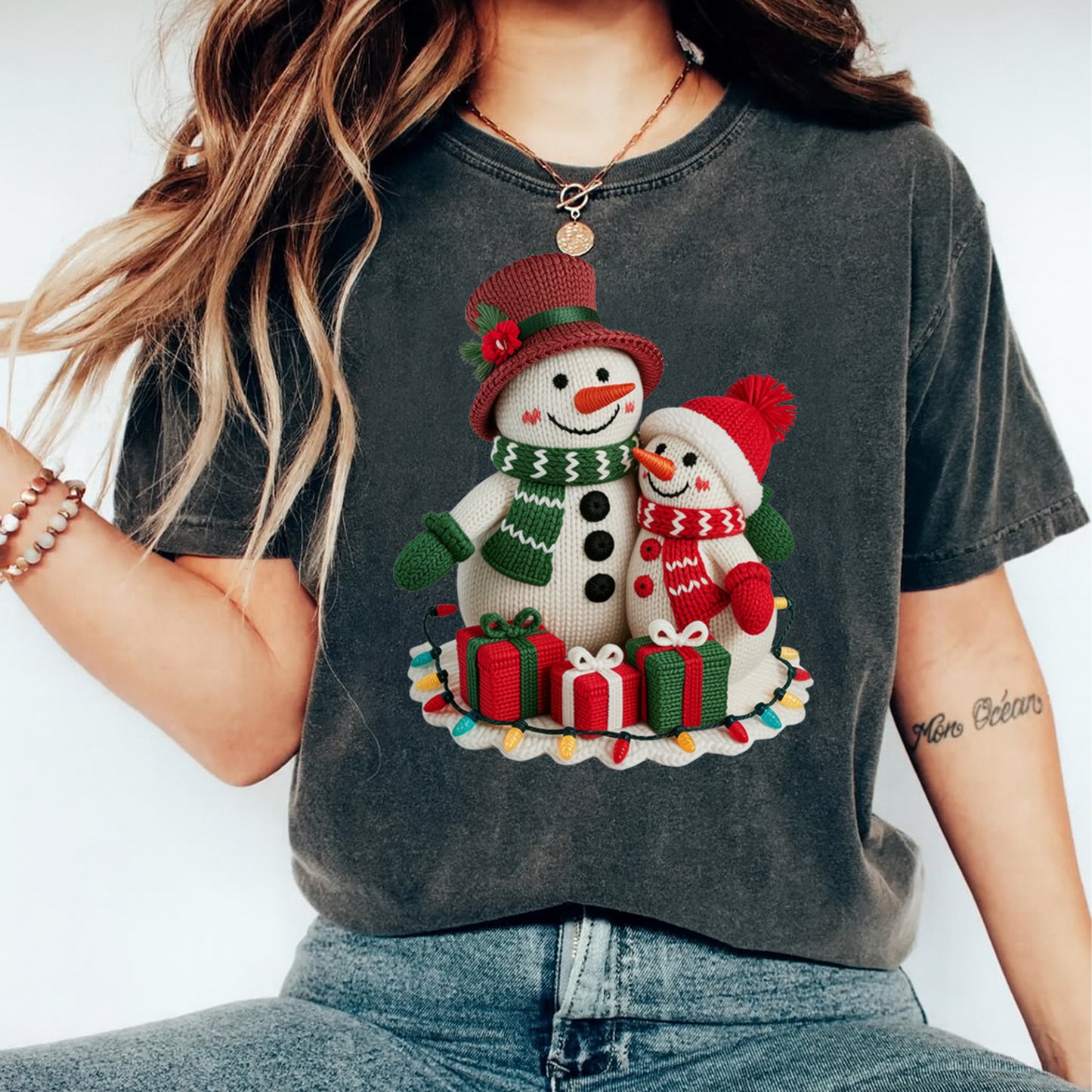 Christmas Yarn Crochet Snowman Family DTF Transfer – Ready to Press Iron On Heat Transfer for DIY Christmas Shirts 12287