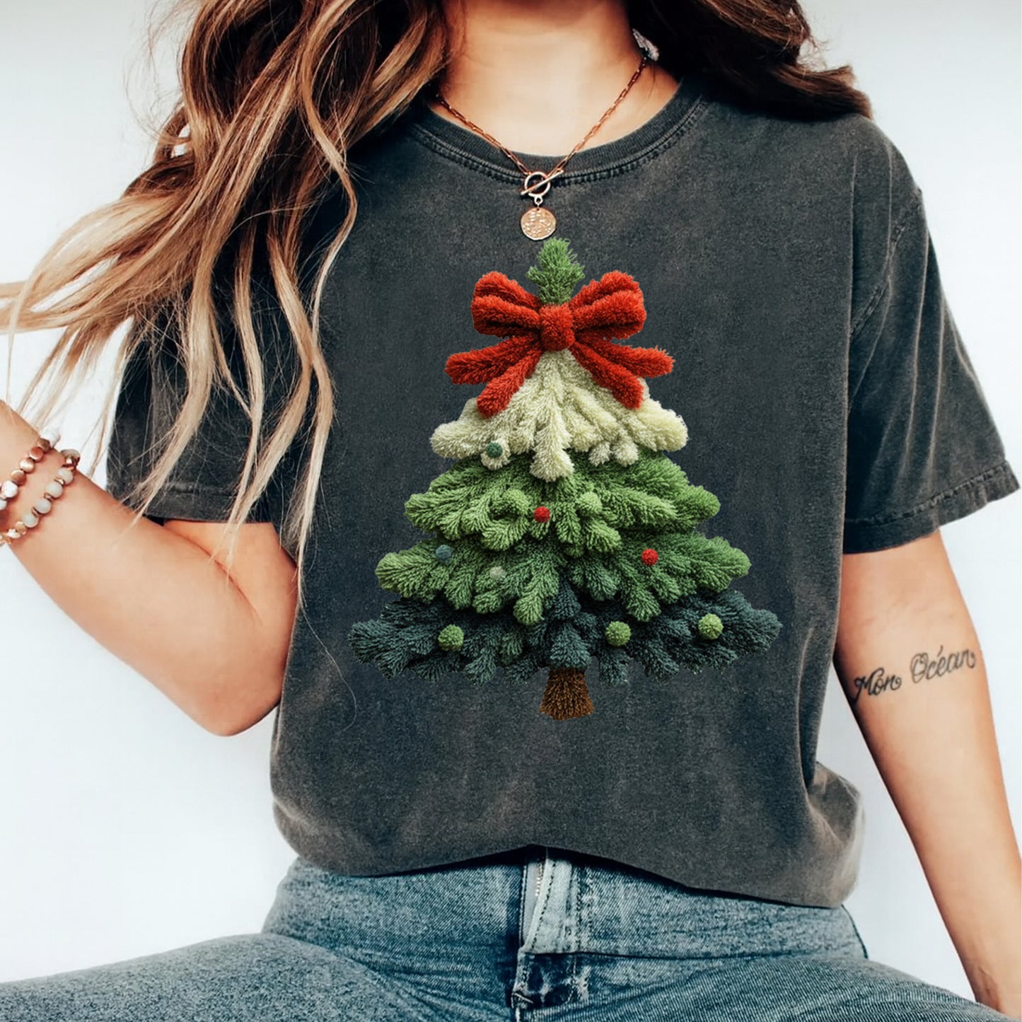 Christmas Yarn Crochet Tree with Red Bow DTF Transfer – Ready to Press Iron On Heat Transfer for DIY Christmas Shirts 12289