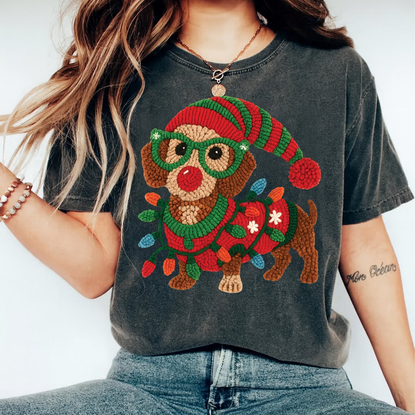 Christmas Yarn Crochet Dog with Lights DTF Transfer – Ready to Press Iron On Heat Transfer for DIY Christmas Shirts 12291