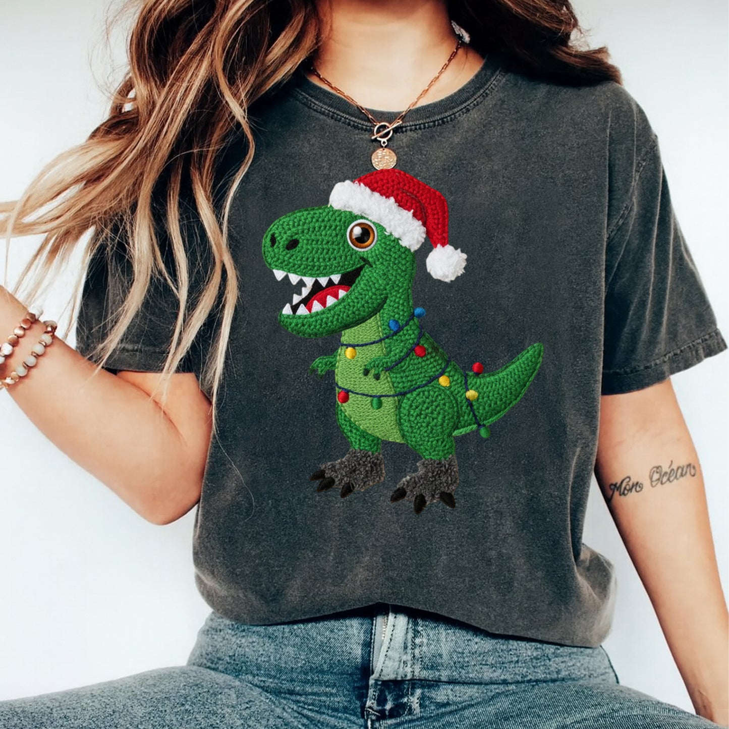 Christmas Yarn Crochet Dinosaur with Lights DTF Transfer – Ready to Press Iron On Heat Transfer for DIY Christmas Shirts 12292