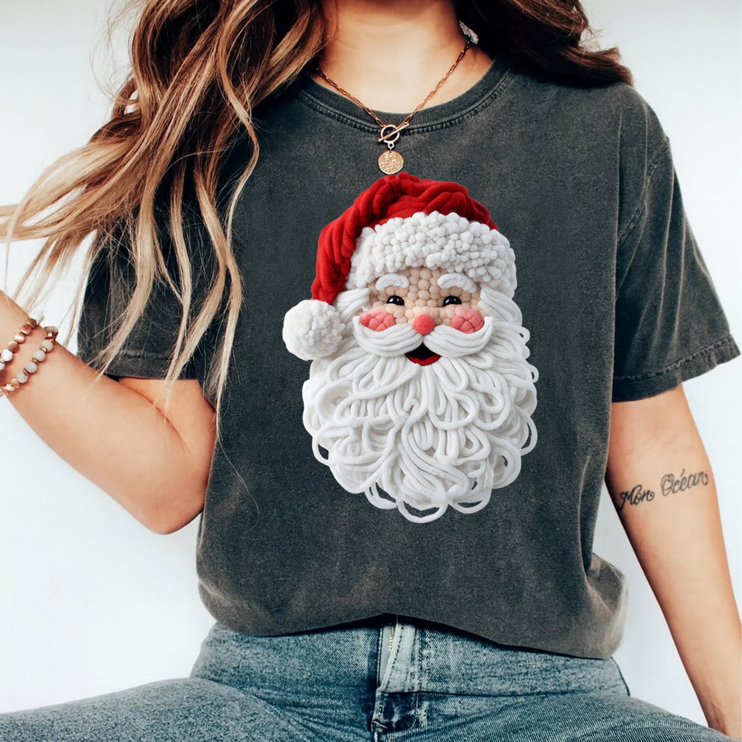 Christmas Yarn Crochet Santa Head DTF Transfer – Ready to Press Iron On Heat Transfer for DIY Christmas Shirts 12293