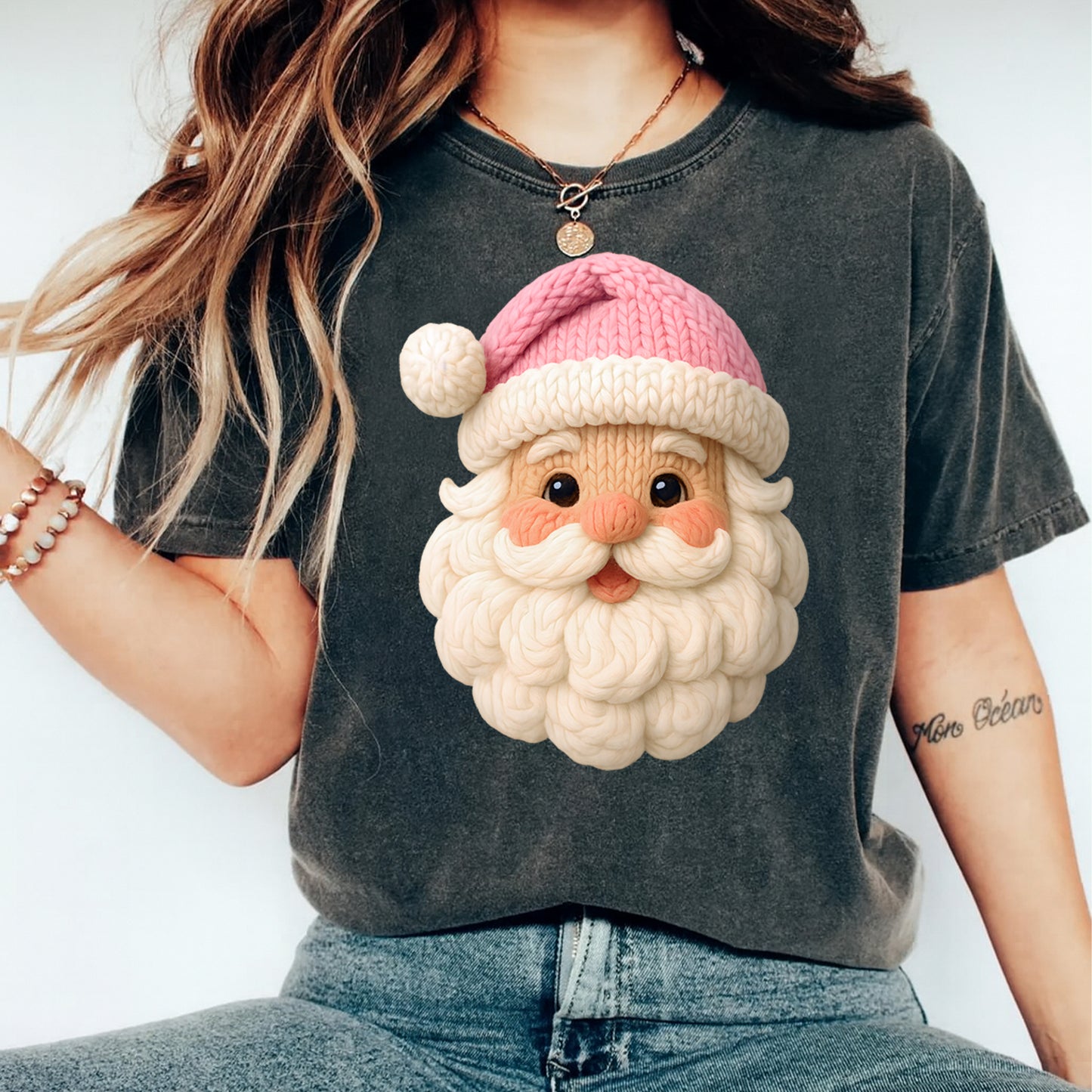 Christmas Yarn Crochet Pink Santa Head DTF Transfer – Ready to Press Iron On Heat Transfer for DIY Christmas Shirts 12295