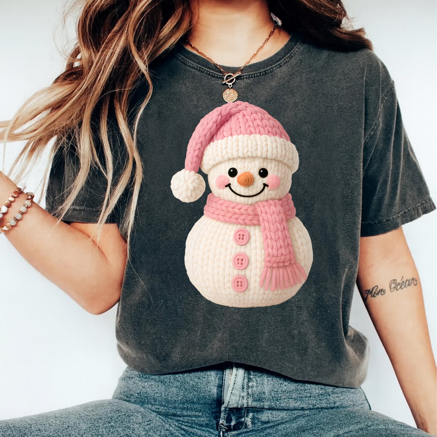 Christmas Yarn Crochet Pink Snowman DTF Transfer – Ready to Press Iron On Heat Transfer for DIY Christmas Shirts 12296