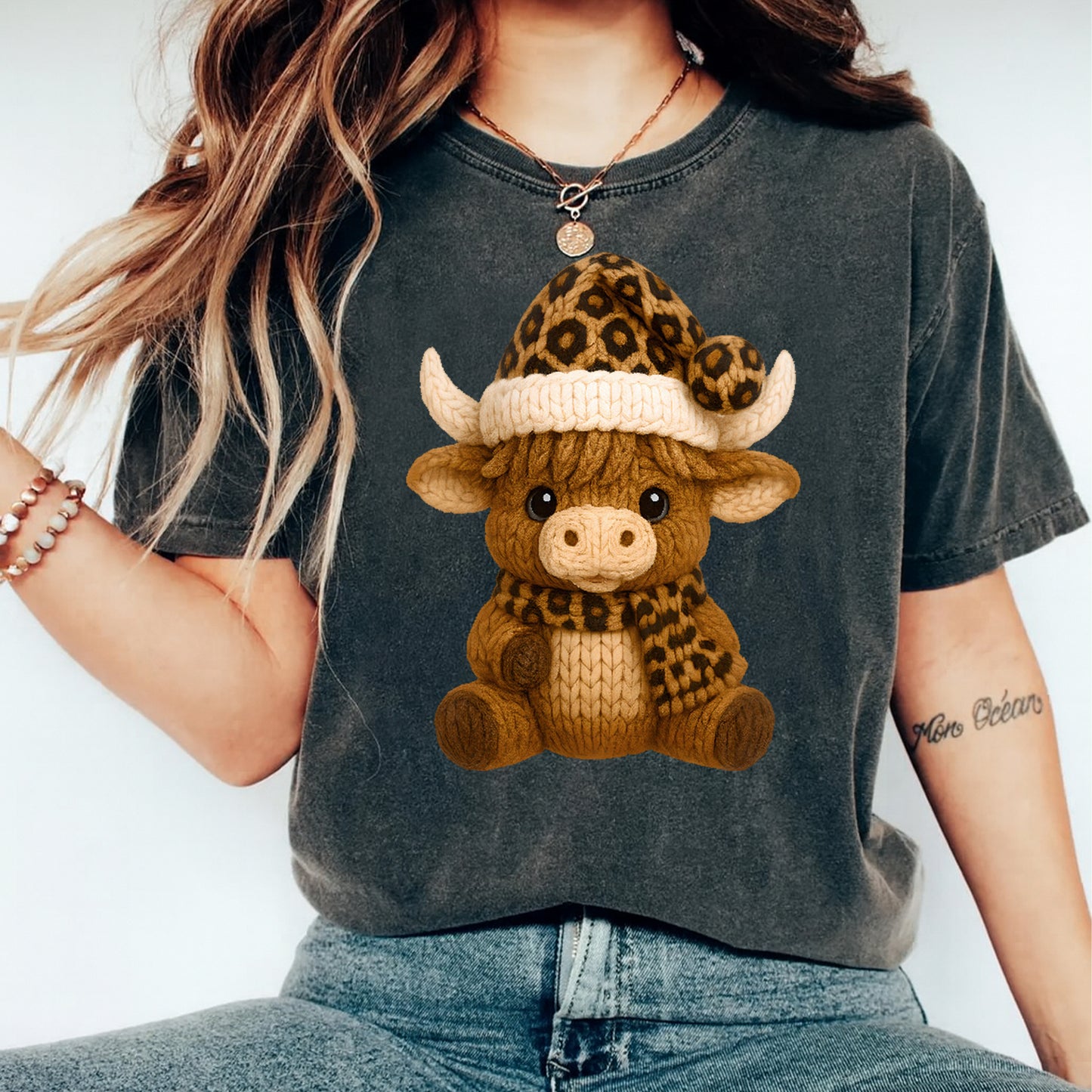 Christmas Crochet Highland Cow Leopard Hat DTF Transfer – Ready to Press Iron On Heat Transfer for DIY Christmas Shirts 12298