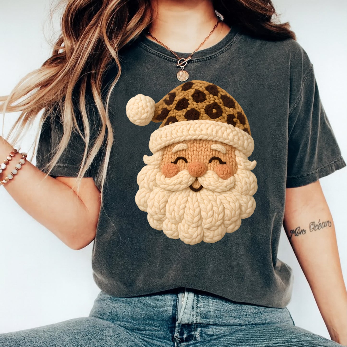Christmas Santa Yarn DTF Transfer – Leopard Crochet Face Ready to Press Iron On Heat Transfer for DIY Christmas Shirts 12300