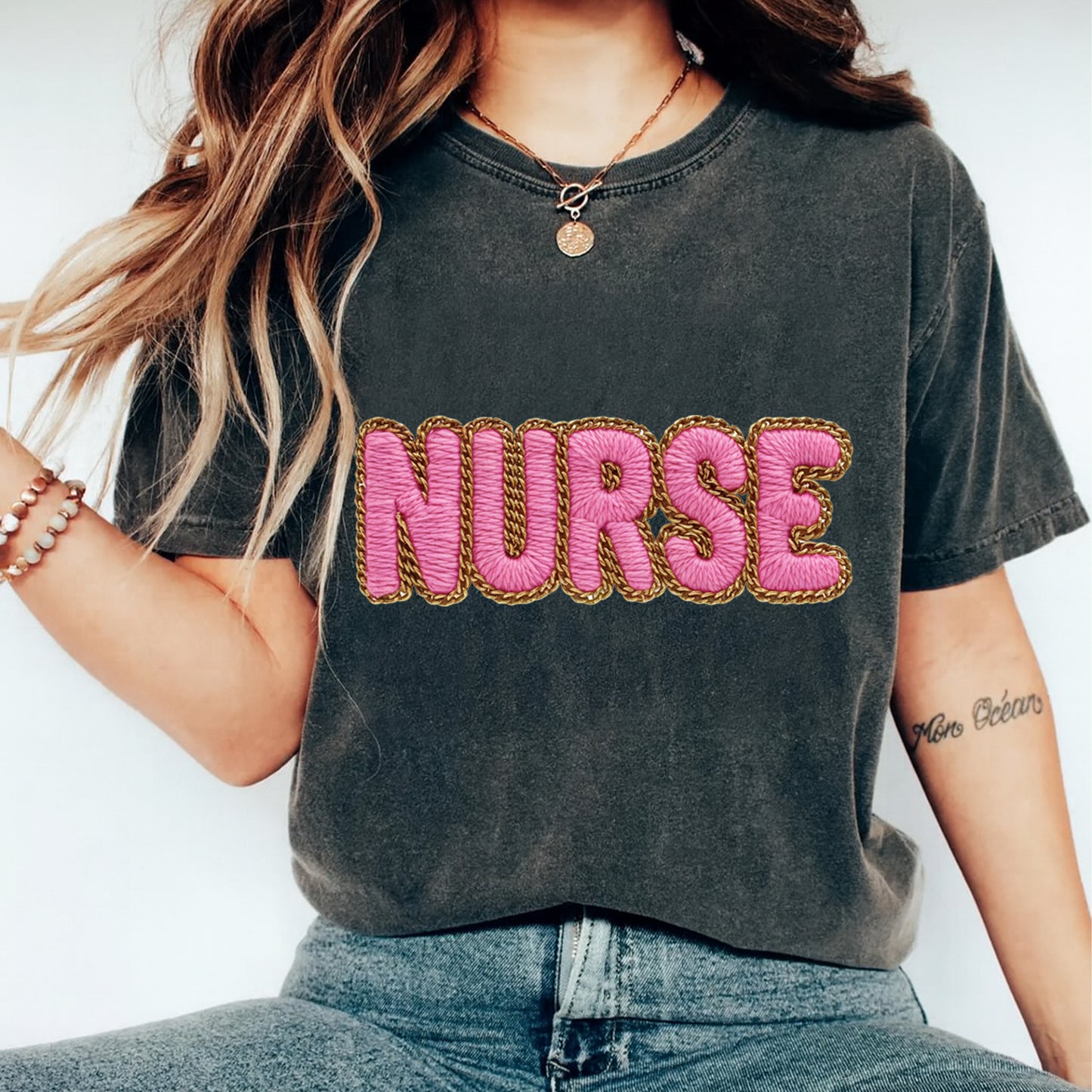 Nurse Yarn Text DTF Transfer – Pink Crochet Letters Ready to Press Iron On Heat Transfer for DIY Nurse Shirts 12302
