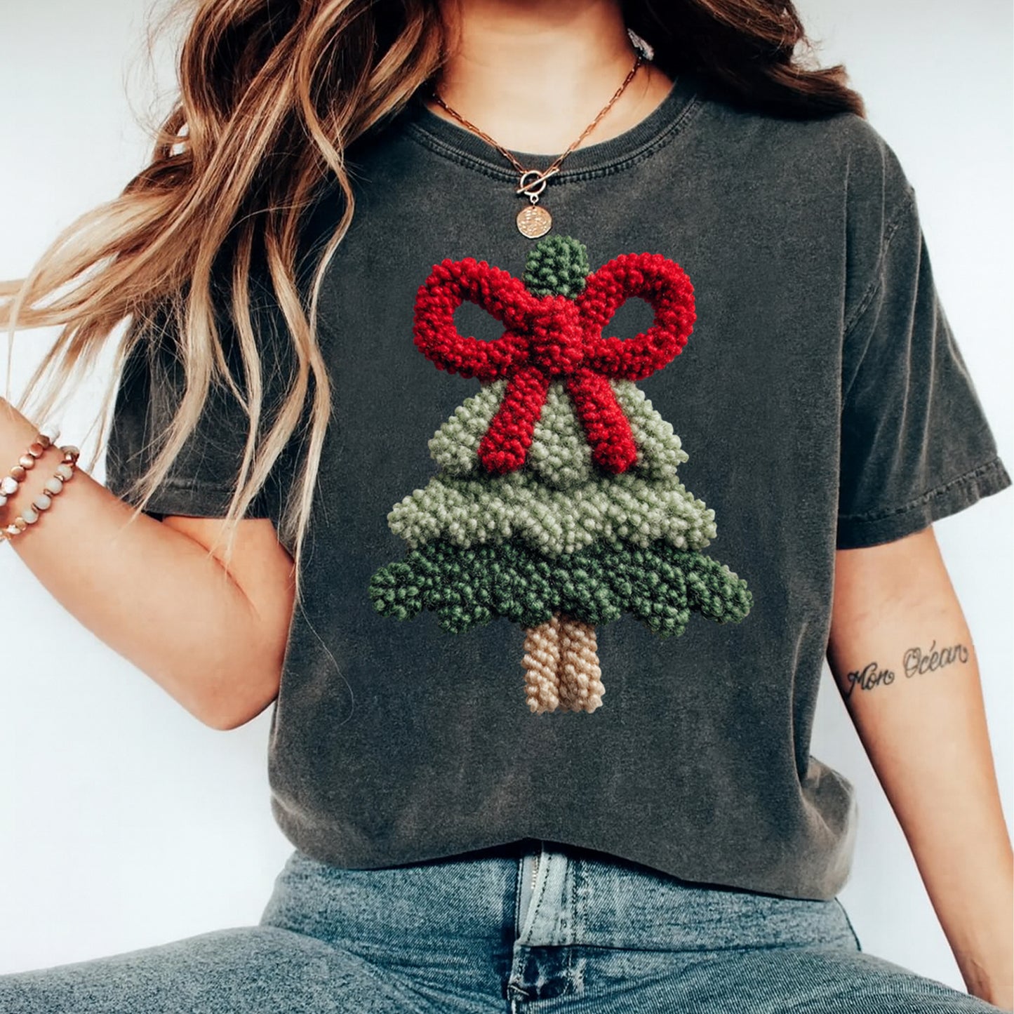 Christmas Yarn Crochet Tree with Bow DTF Transfer – Ready to Press Iron On Heat Transfer for DIY Christmas Shirts 12304