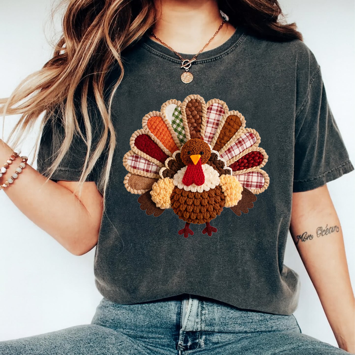 Thanksgiving Yarn Crochet Turkey DTF Transfer – Ready to Press Iron On Heat Transfer for DIY Fall Thanksgiving Shirts 12311