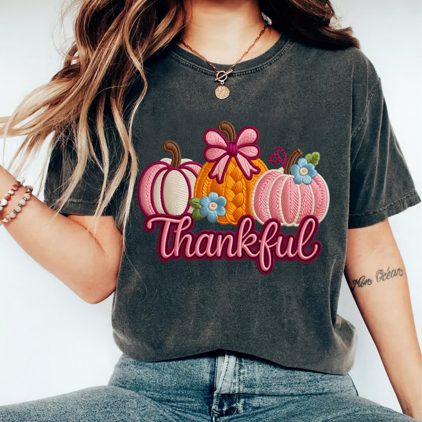 Thanksgiving Girly Thankful Yarn Crochet Pumpkins DTF Transfer – Ready to Press Iron On Heat Transfer for DIY Fall Thanksgiving Shirts 12312