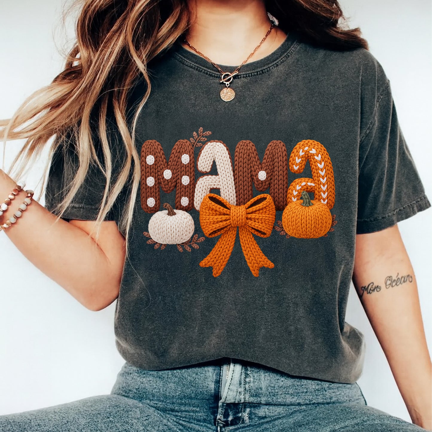 Fall Girly Mama Yarn Crochet Pumpkins DTF Transfer – Ready to Press Iron On Heat Transfer for DIY Thanksgiving Shirts 12313