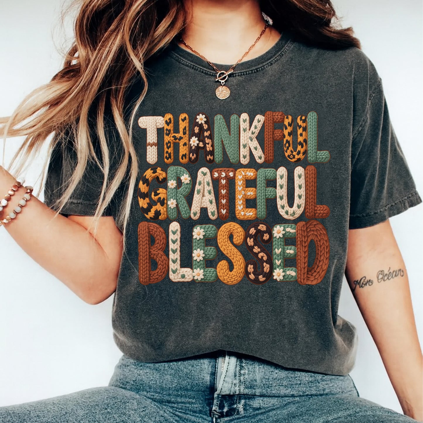 Fall Thankful Grateful Blessed Yarn Crochet DTF Transfer – Ready to Press Iron On Heat Transfer for DIY Thanksgiving Shirts 12314