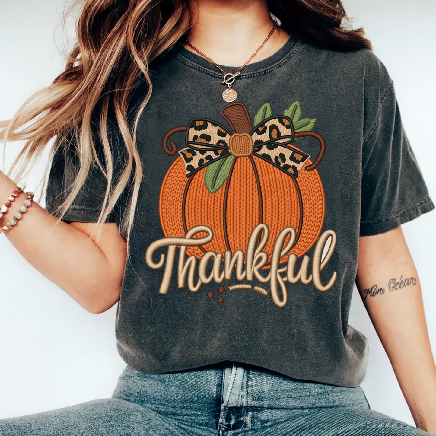 Fall Girly Thankful Yarn Crochet Pumpkin DTF Transfer – Ready to Press Iron On Heat Transfer for DIY Thanksgiving Shirts 12316