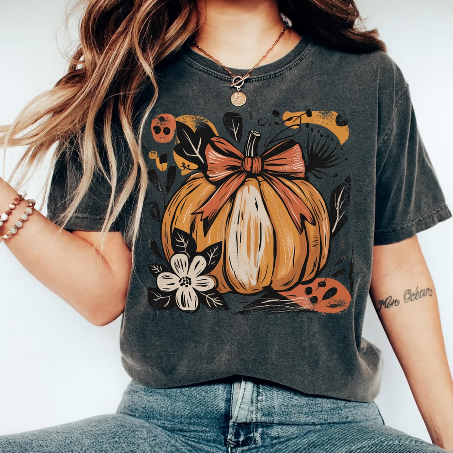 Fall Girly Bow Pumpkin DTF Transfer – Ready to Press Iron On Heat Transfer for DIY Thanksgiving Shirts 12328