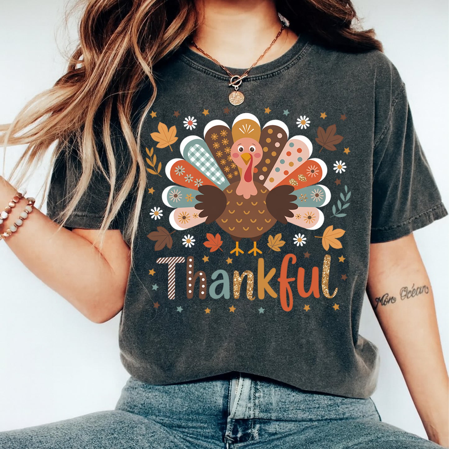 Thanksgiving Thankful Turkey DTF Transfer – Ready to Press Iron On Heat Transfer for DIY Thanksgiving Shirts 12330