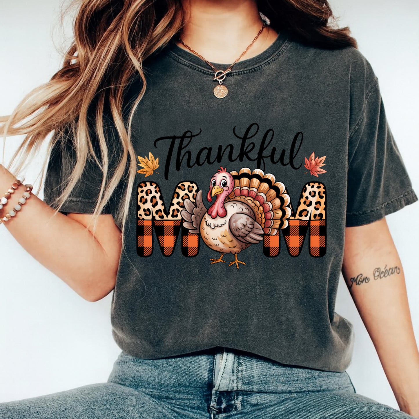 Thanksgiving Mama Thankful Turkey DTF Transfer – Ready to Press Iron On Heat Transfer for DIY Thanksgiving Shirts 12332