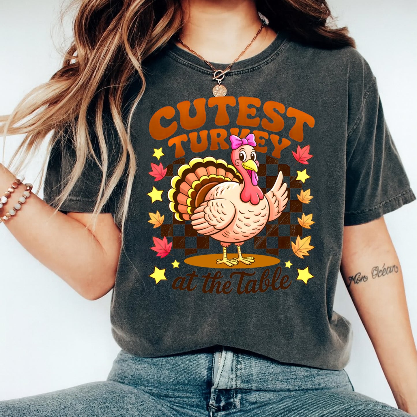 Thanksgiving Cutest Turkey at the Table Checkerboard Fall DTF Transfer – Ready to Press Iron On Heat Transfer for DIY Thanksgiving Shirts 12347