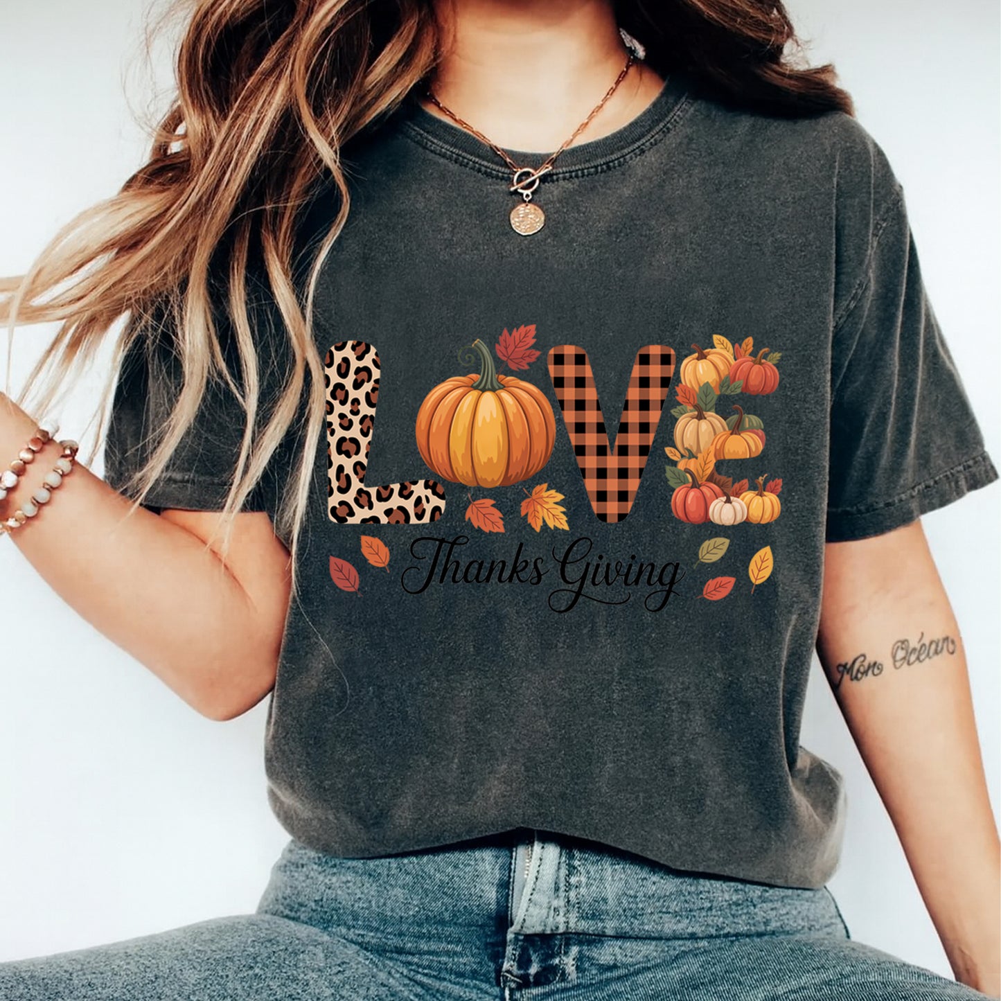 Thanksgiving LOVE Leopard Pumpkin Fall DTF Transfer – Ready to Press Iron On Heat Transfer for DIY Thanksgiving Shirts 12348