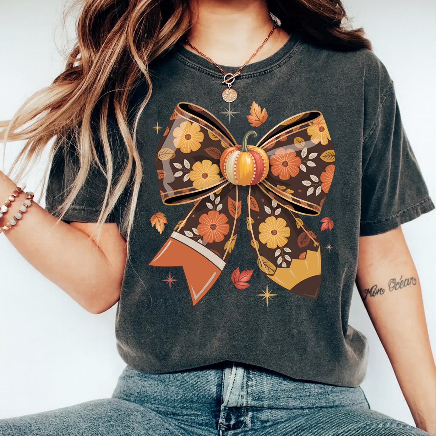 Thanksgiving Pumpkin Floral Bow Pencil DTF Transfer – Ready to Press Iron On Heat Transfer for DIY Thanksgiving Shirts 12351