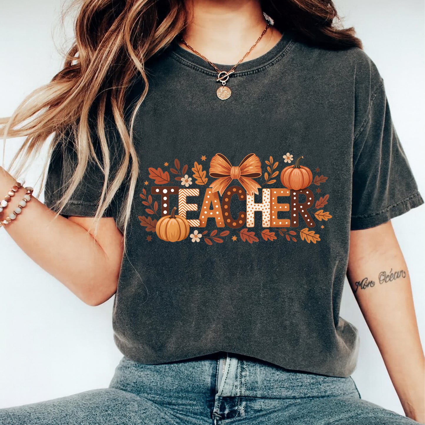 Thanksgiving Teacher Pumpkin Fall Bow DTF Transfer – Ready to Press Iron On Heat Transfer for DIY Thanksgiving Shirts 12352