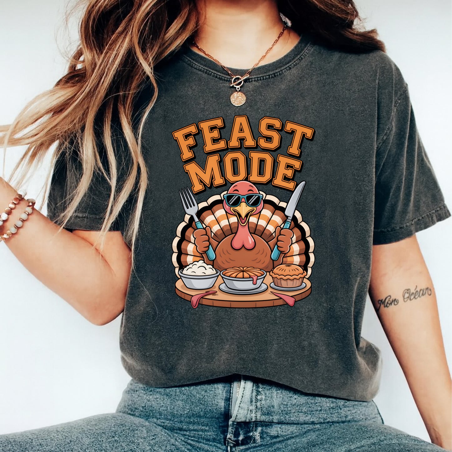 Thanksgiving Feast Mode Turkey DTF Transfer – Ready to Press Iron On Heat Transfer for DIY Thanksgiving Shirts 12360