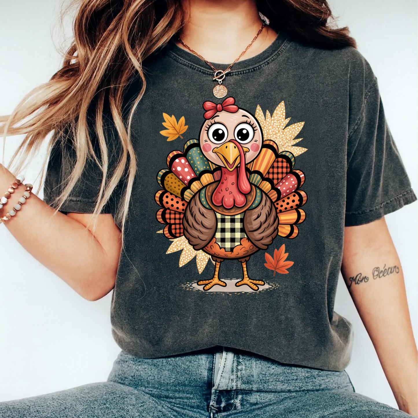 Thanksgiving Girly Turkey Plaid Patchwork DTF Transfer – Ready to Press Iron On Heat Transfer for DIY Thanksgiving Shirts 12361