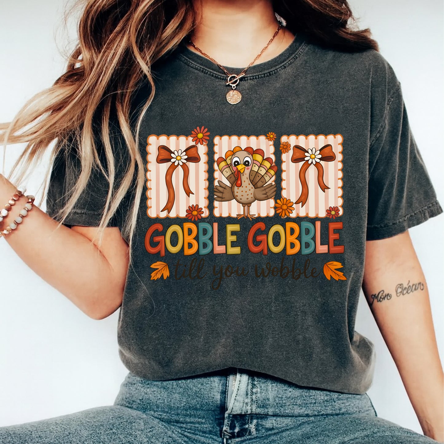 Thanksgiving Gobble Gobble Till You Wobble Turkey Bow DTF Transfer – Ready to Press Iron On Heat Transfer for DIY Thanksgiving Shirts 12367