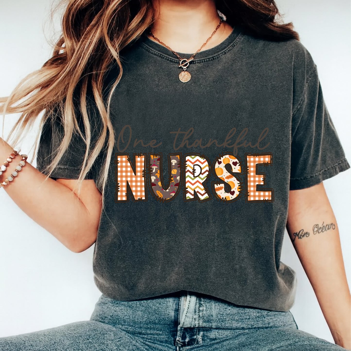Thanksgiving One Thankful Nurse Fall Pattern DTF Transfer – Ready to Press Iron On Heat Transfer DIY Shirts 12372