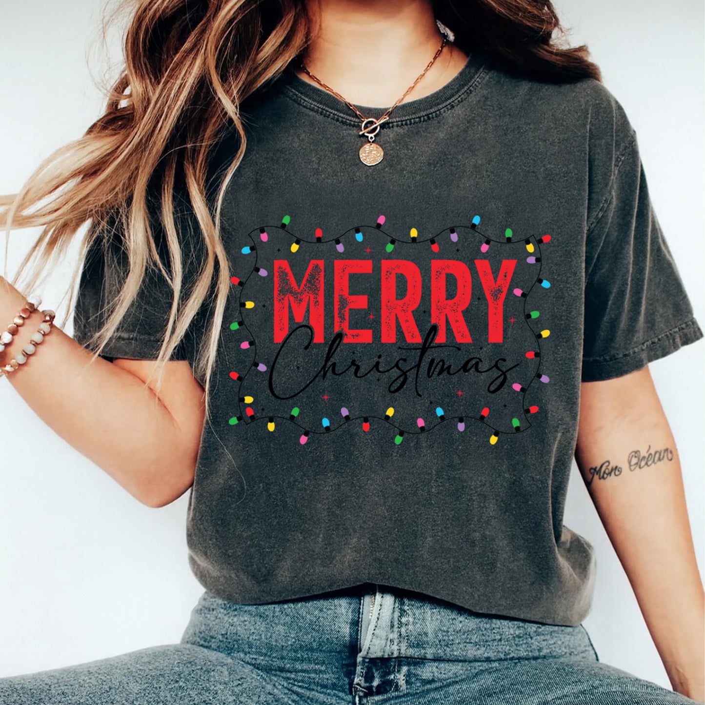 Christmas DTF Transfer – Retro Merry Christmas Lights Border Ready to Press Iron on Heat Transfer DIY Christmas Shirts 12395