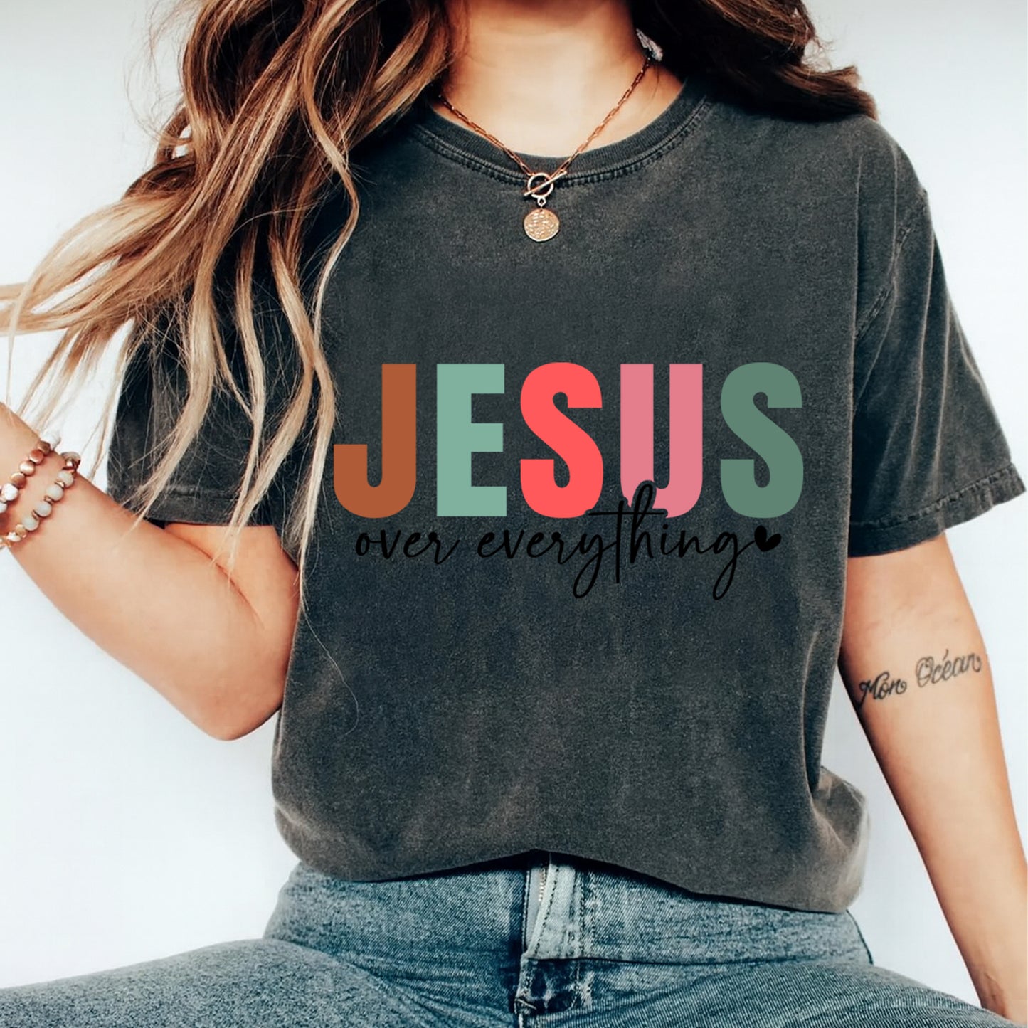 Christian Jesus Over Everything Pastel Block Lettering DTF Transfer – Ready to Press Iron On Heat Transfer DIY Shirts 12396