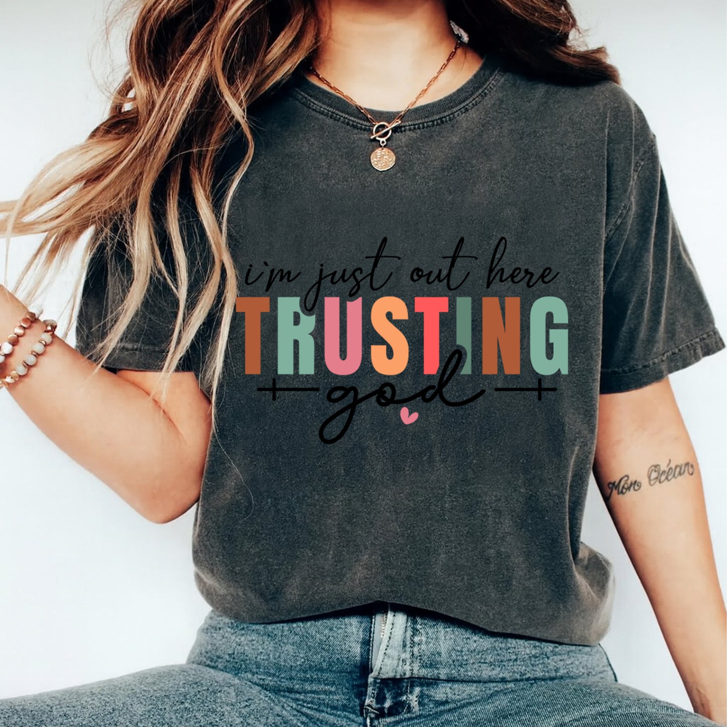 Christian DTF Transfer – I'm Just Out Here Trusting God Faith Quote Ready to Press Iron on Heat Transfer DIY Shirts 12399