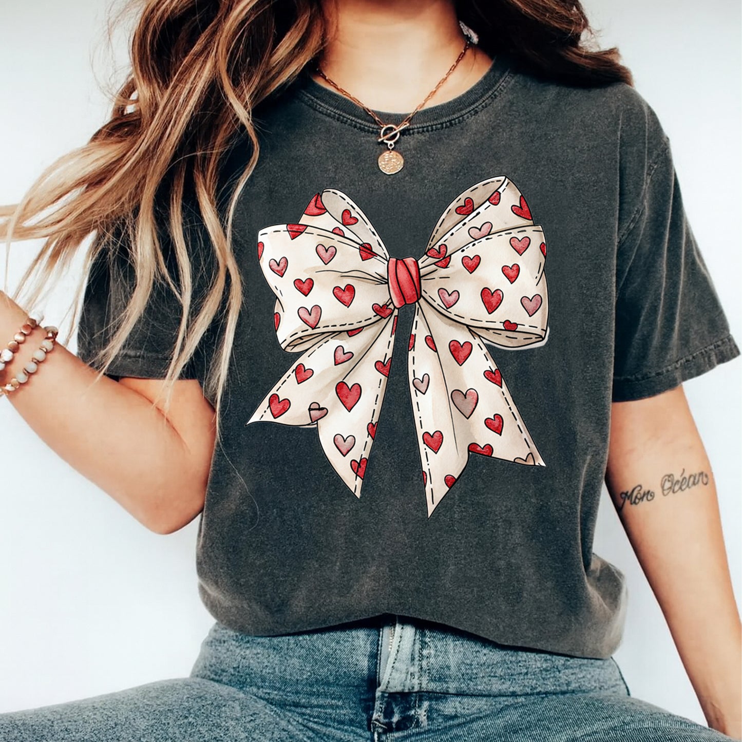 Valentine DTF Transfer – Heart Bow Sketch Style Ready to Press Iron on Heat Transfer DIY Shirts 12405
