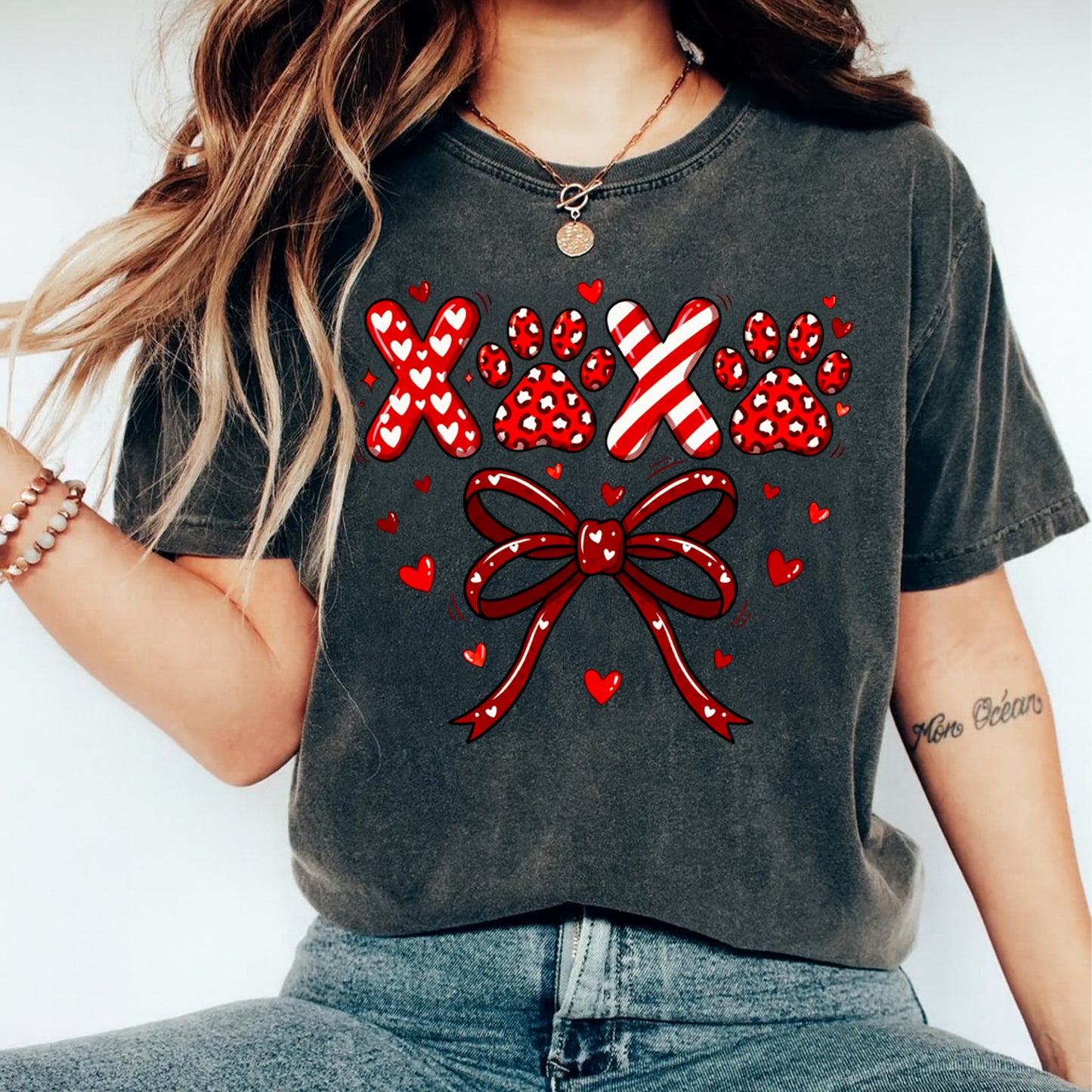 Valentine DTF Transfer – XOXO Paw Print Hearts Red Bow Ready to Press Iron on Heat Transfer DIY Shirts 12411