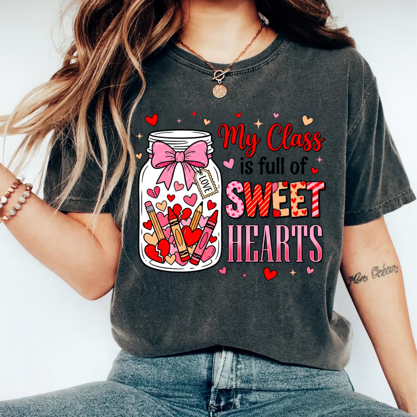 Valentine DTF Transfer – Teacher Sweethearts Jar Bow Ready to Press Iron on Heat Transfer DIY Valentine Shirts 12413