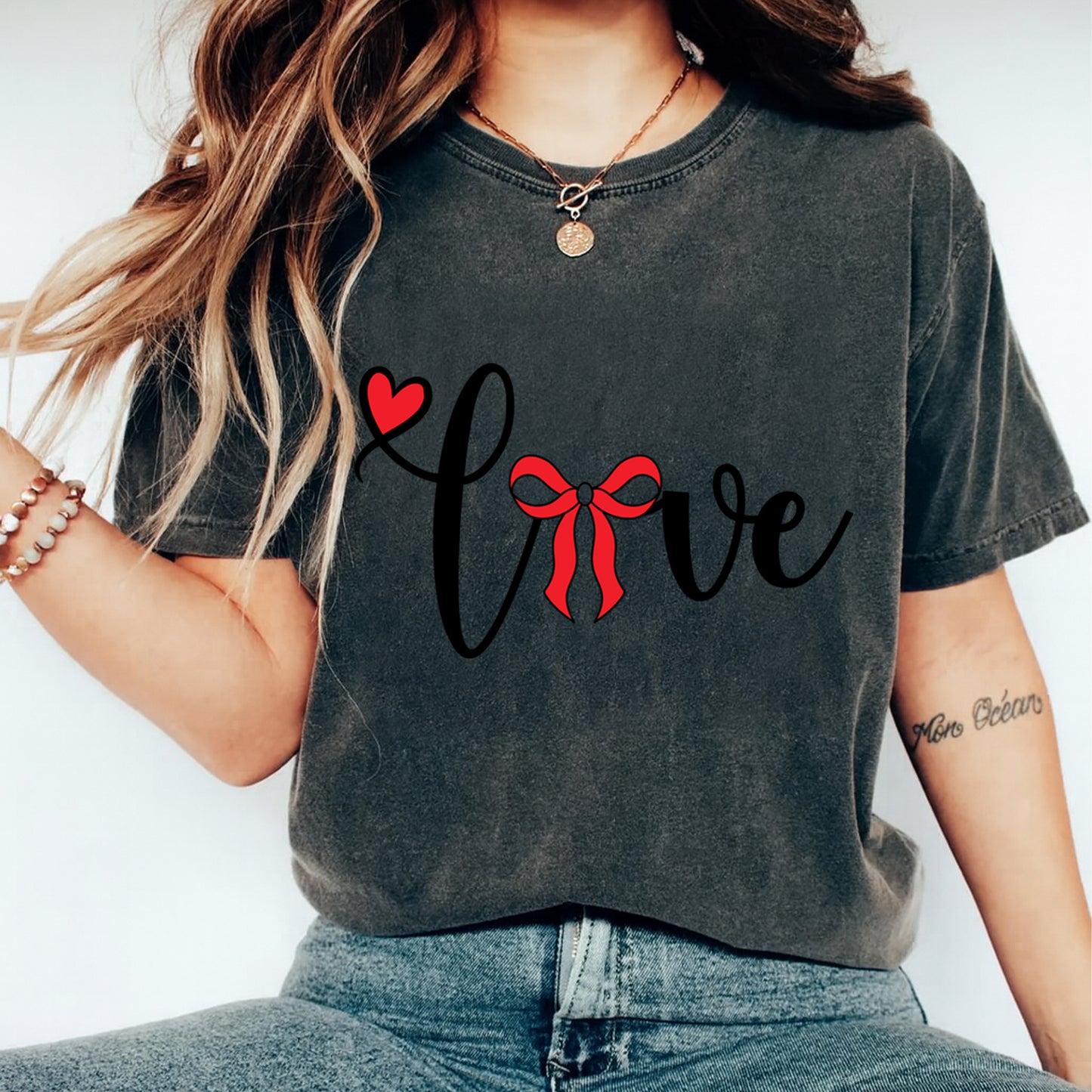 Valentine DTF Transfer – Love Script Heart Bow Graphic Ready to Press Iron on Heat Transfer DIY Valentine Shirts 12417