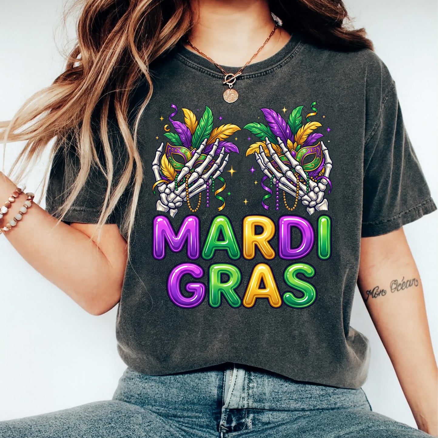 Mardi Gras DTF Transfer – Skeleton Hands Mask Beads Purple Gold Green Ready to Press Iron on Heat Transfer DIY Mardi Gras Shirts 12420