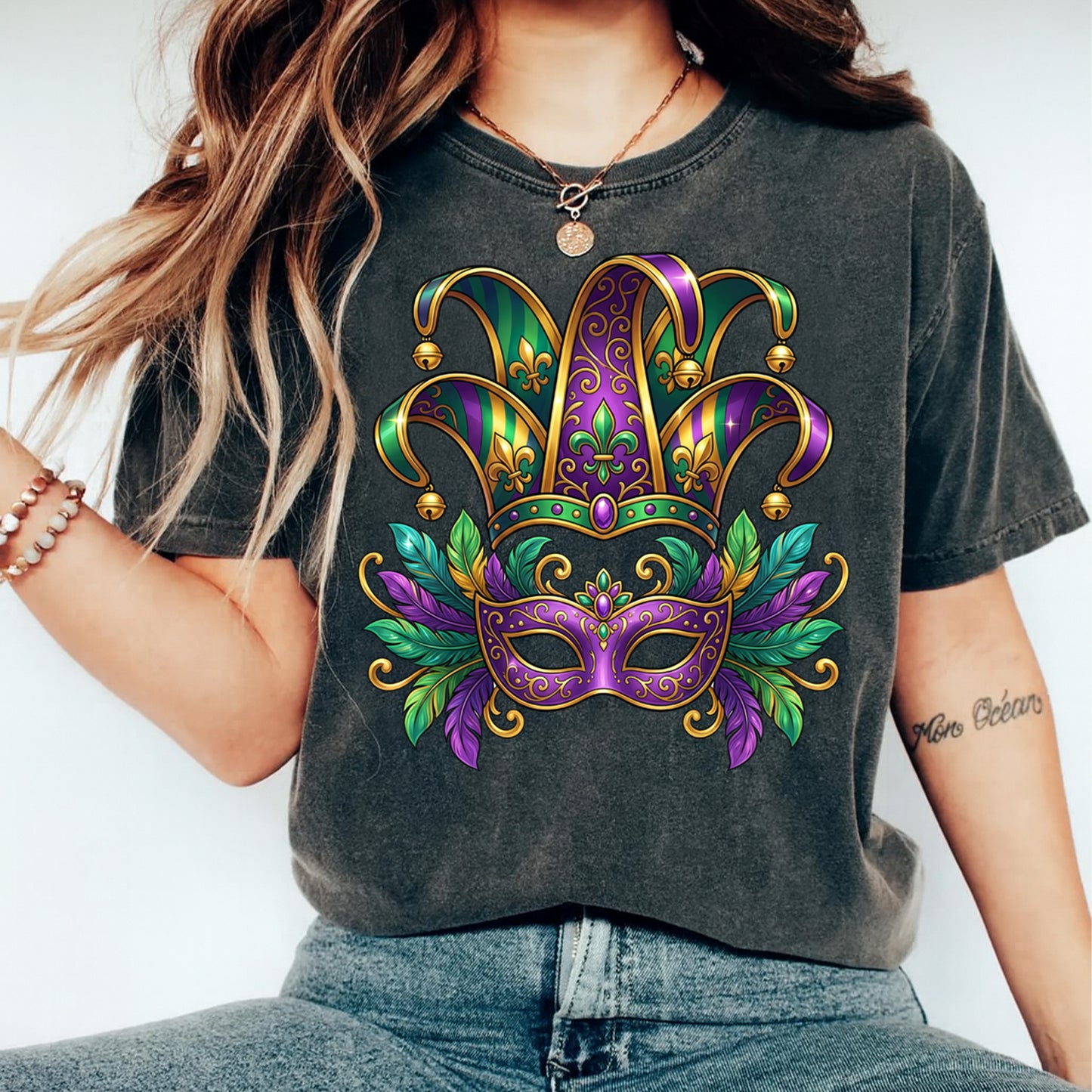 Mardi Gras DTF Transfer – Jester Hat Feathered Mask Purple Gold Green Ready to Press Iron on Heat Transfer DIY Mardi Gras Shirts 12421