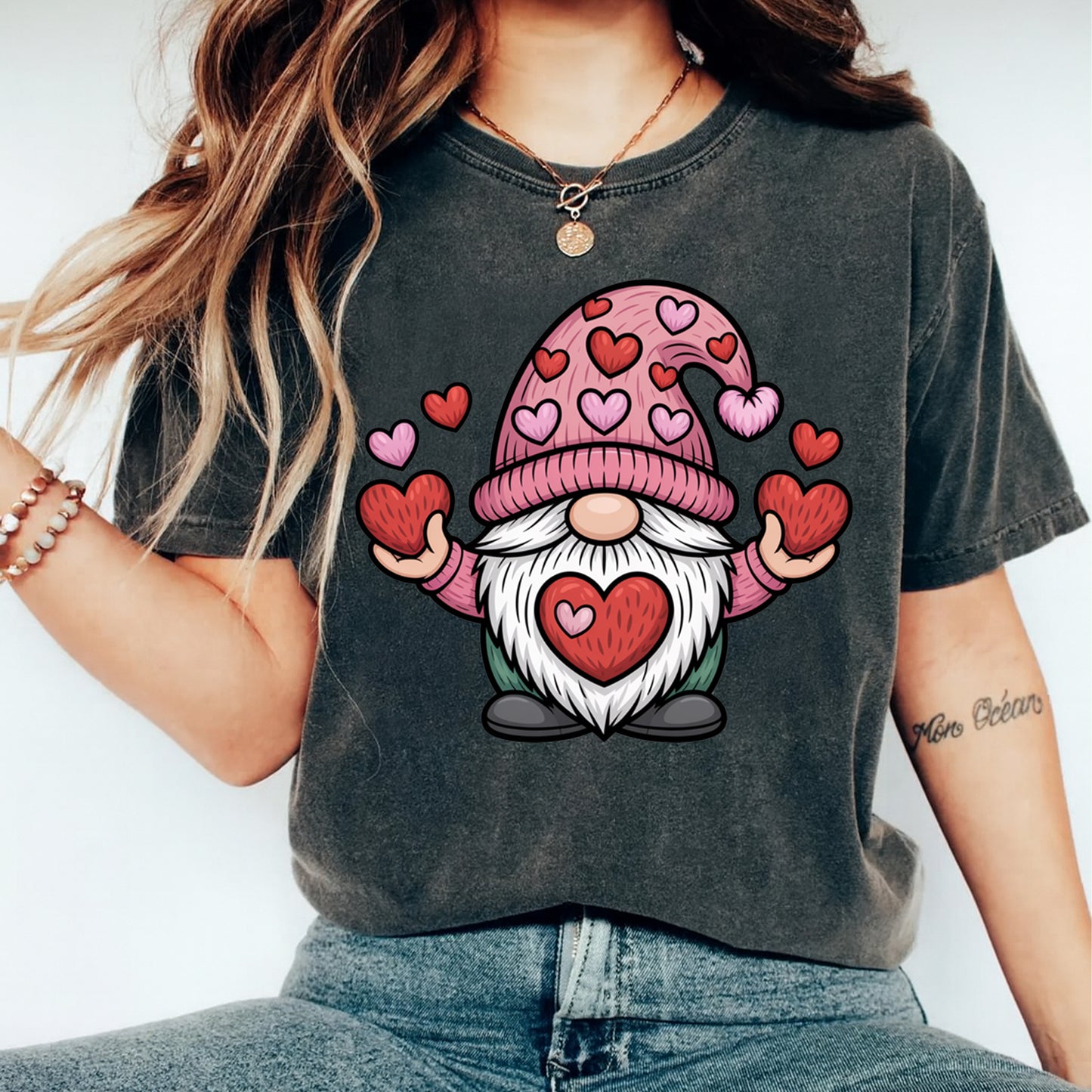 Valentine DTF Transfer – Pink Gnome Holding Hearts Cute Love Hearts Ready to Press Iron on Heat Transfer DIY Valentine Shirts 12423