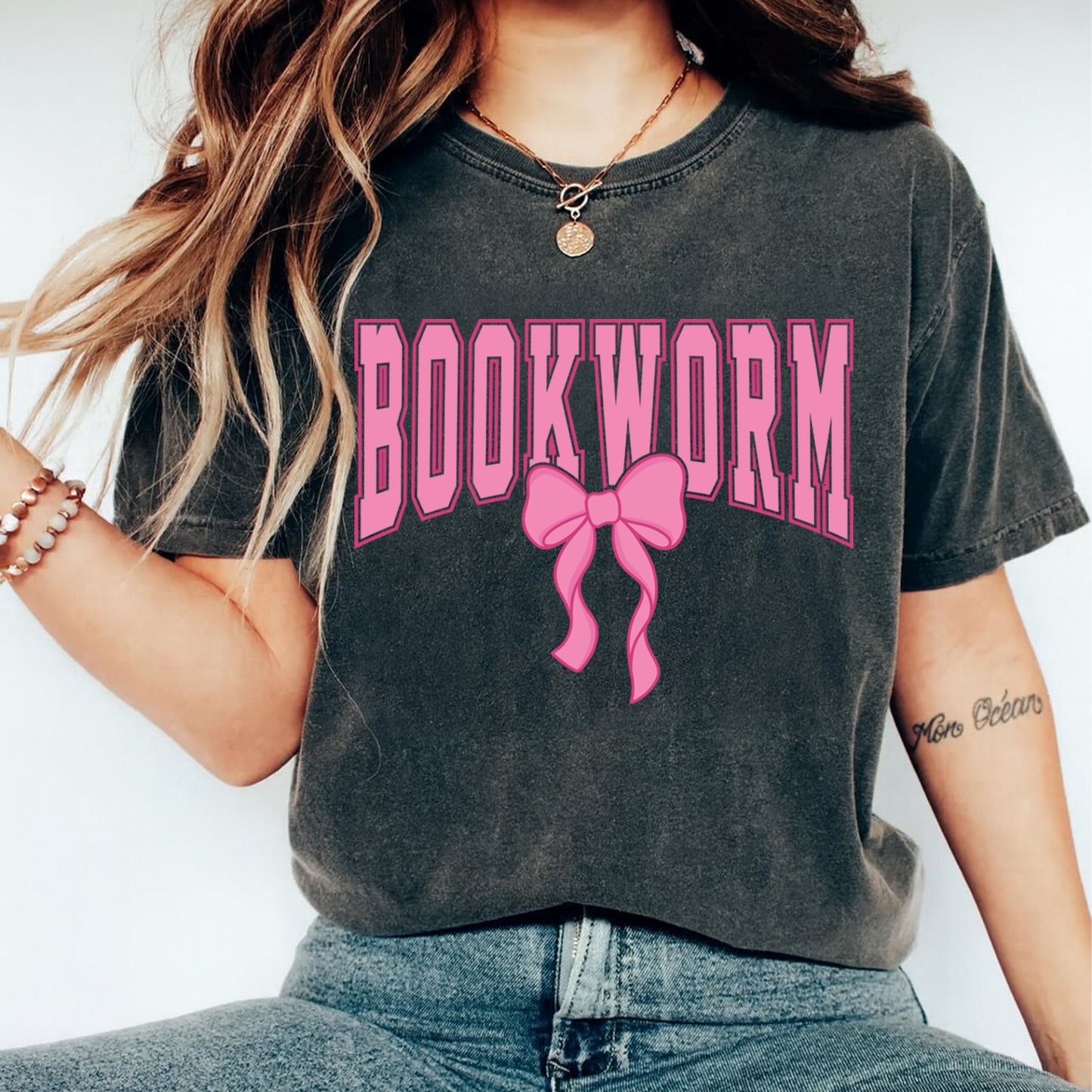Book Lover DTF Transfer – Bookworm Pink Bow Graphic Ready to Press Iron On Heat Transfer for DIY Reading Shirts 12433