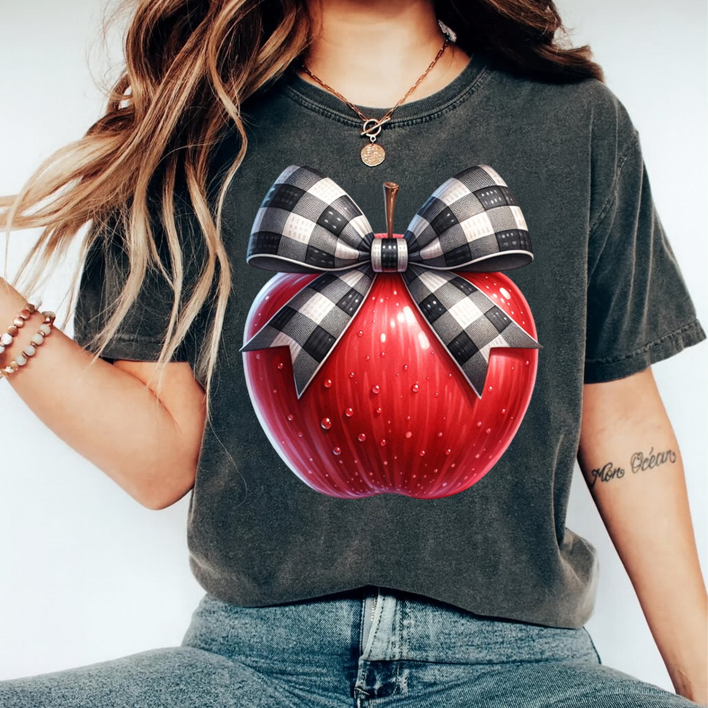 Teacher DTF Transfer – Apple Buffalo Plaid Bow Graphic Ready to Press Iron On Heat Transfer for DIY Teacher Shirts 12434