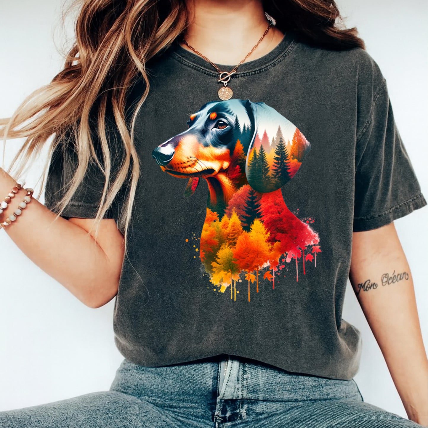 Fall DTF Transfer – Autumn Forest Dog Silhouette Graphic Ready to Press Iron On Heat Transfer for DIY Pet Lover Shirts 12435