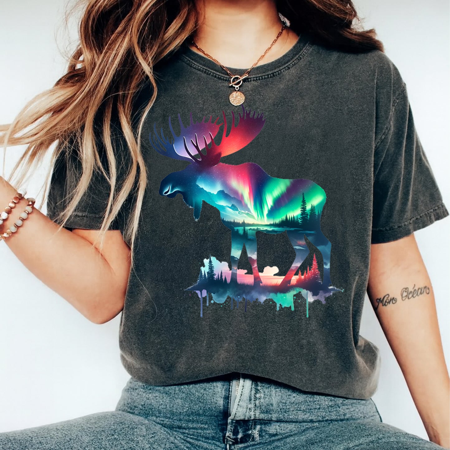 Outdoor DTF Transfer – Aurora Moose Silhouette Forest Graphic Ready to Press Iron On Heat Transfer for DIY Nature Shirts 12438