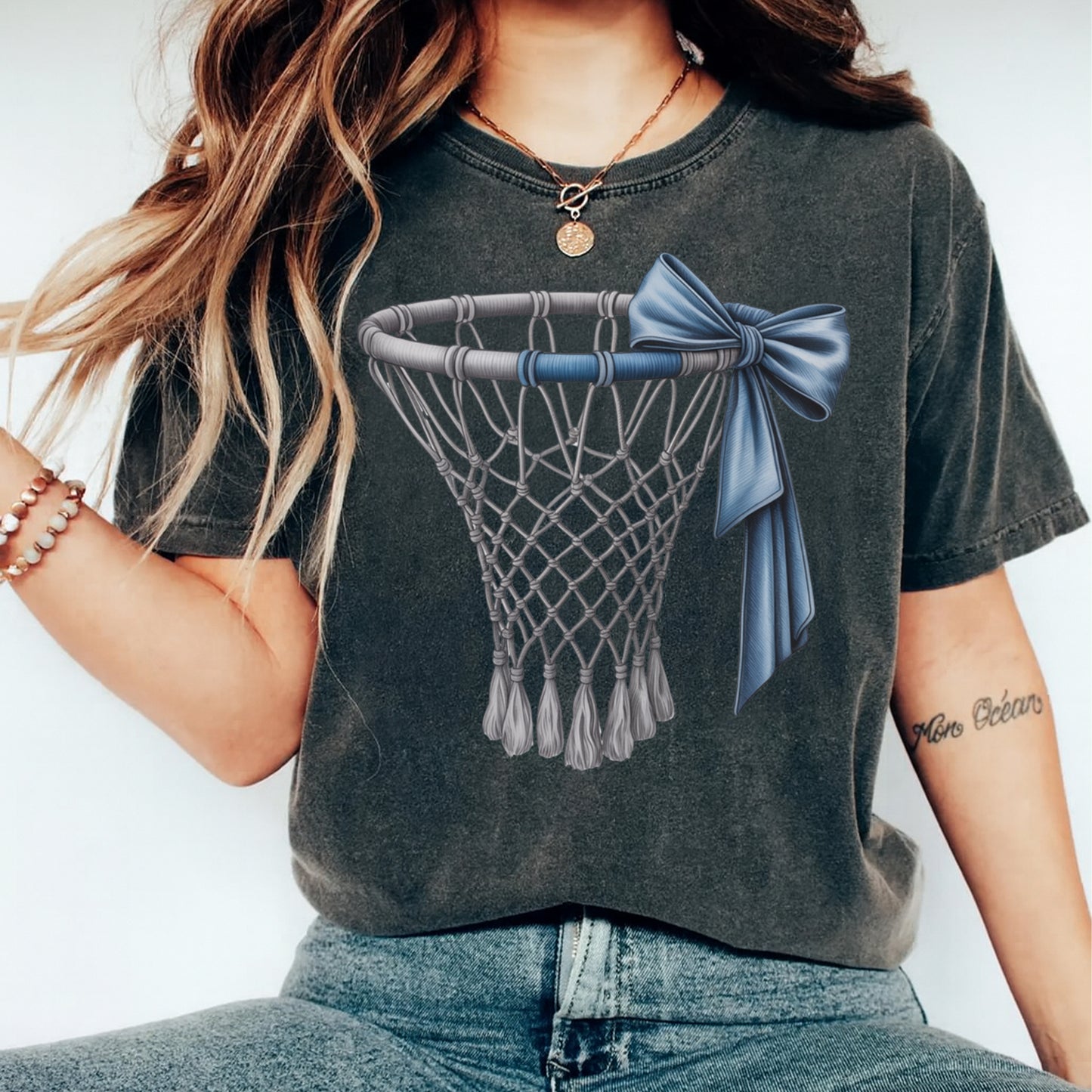 Basketball DTF Transfer – Net with Bow Graphic Ready to Press Iron On Heat Transfer for DIY Sports Shirts 12445