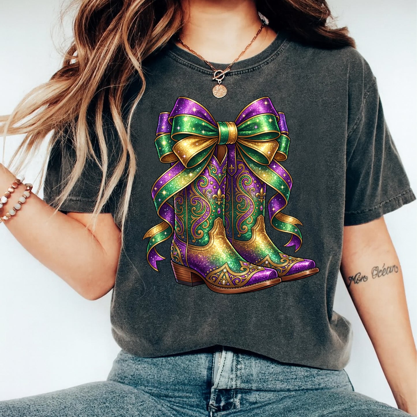Mardi Gras DTF Transfer – Glitter Western Boots with Bow Graphic Ready to Press Iron On Heat Transfer for DIY Mardi Gras Shirts 12450