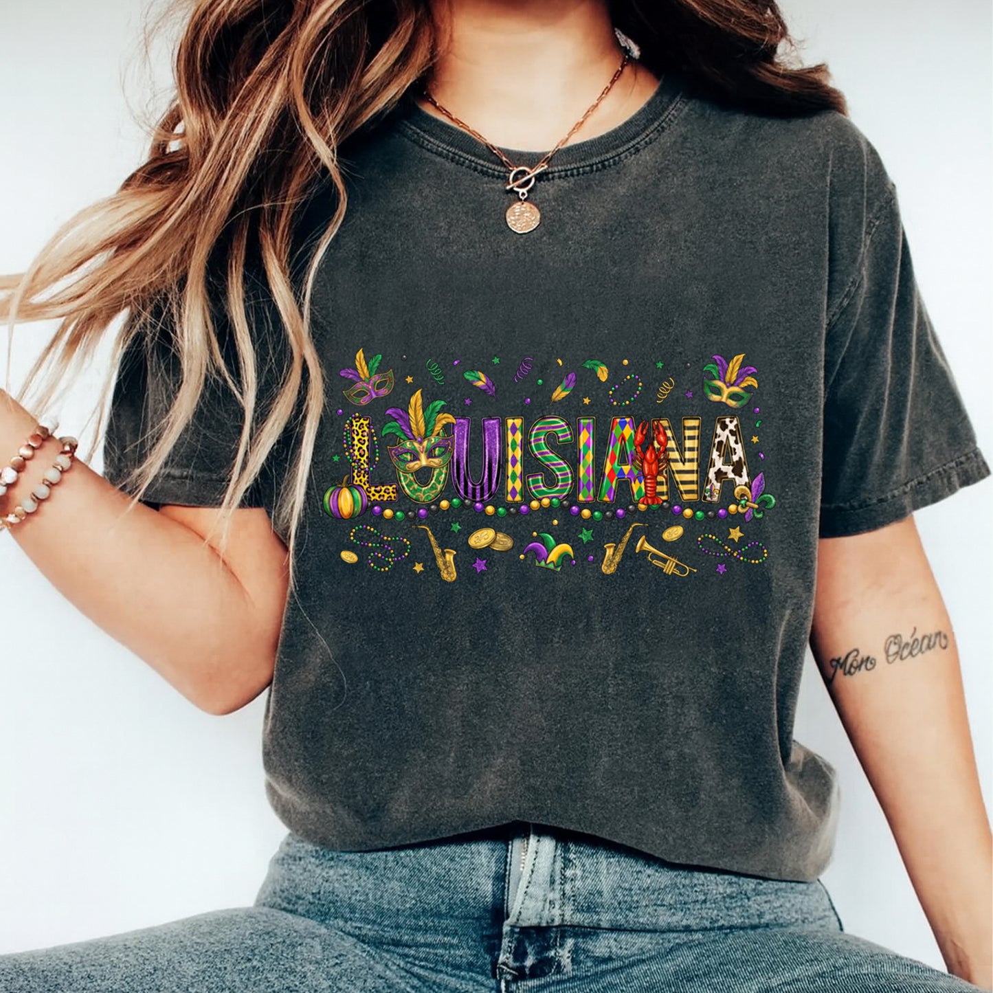 Mardi Gras DTF Transfer – Louisiana Word Art Mask Beads Graphic Ready to Press Iron On Heat Transfer for DIY Mardi Gras Shirts 12451