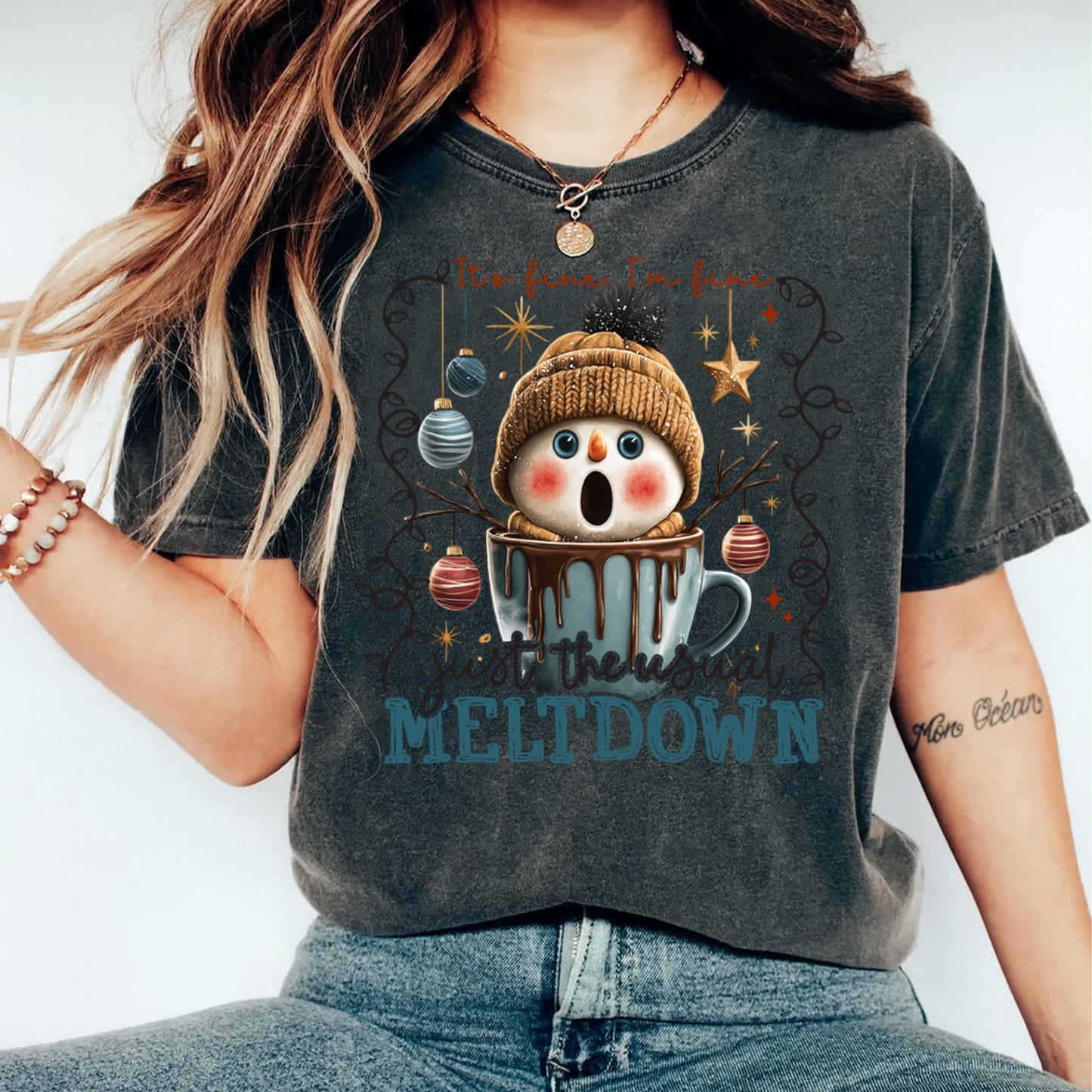 Christmas Meltdown Snowman DTF Transfer – Cozy Cocoa Quote Ready to Press Iron On Heat Transfer for DIY Christmas Shirts 12484