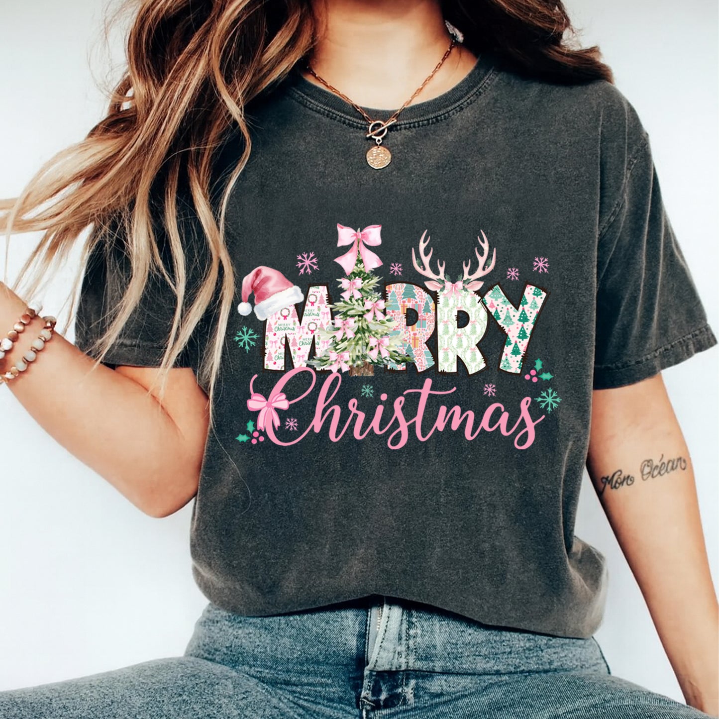 Christmas DTF Transfer – Merry Christmas Pink Bow Tree Ready to Press Iron on Heat Transfer DIY Christmas Shirts 12488