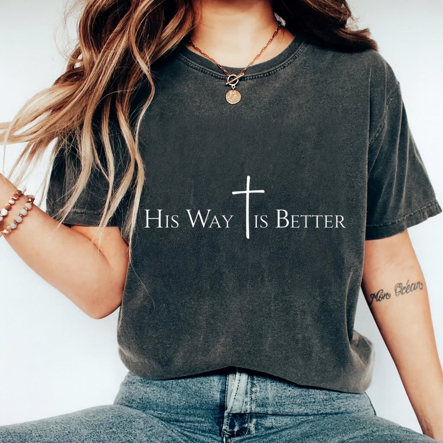 Christian DTF Transfer – His Way Is Better Cross Ready to Press Iron on Heat Transfer DIY Faith Shirts 12489