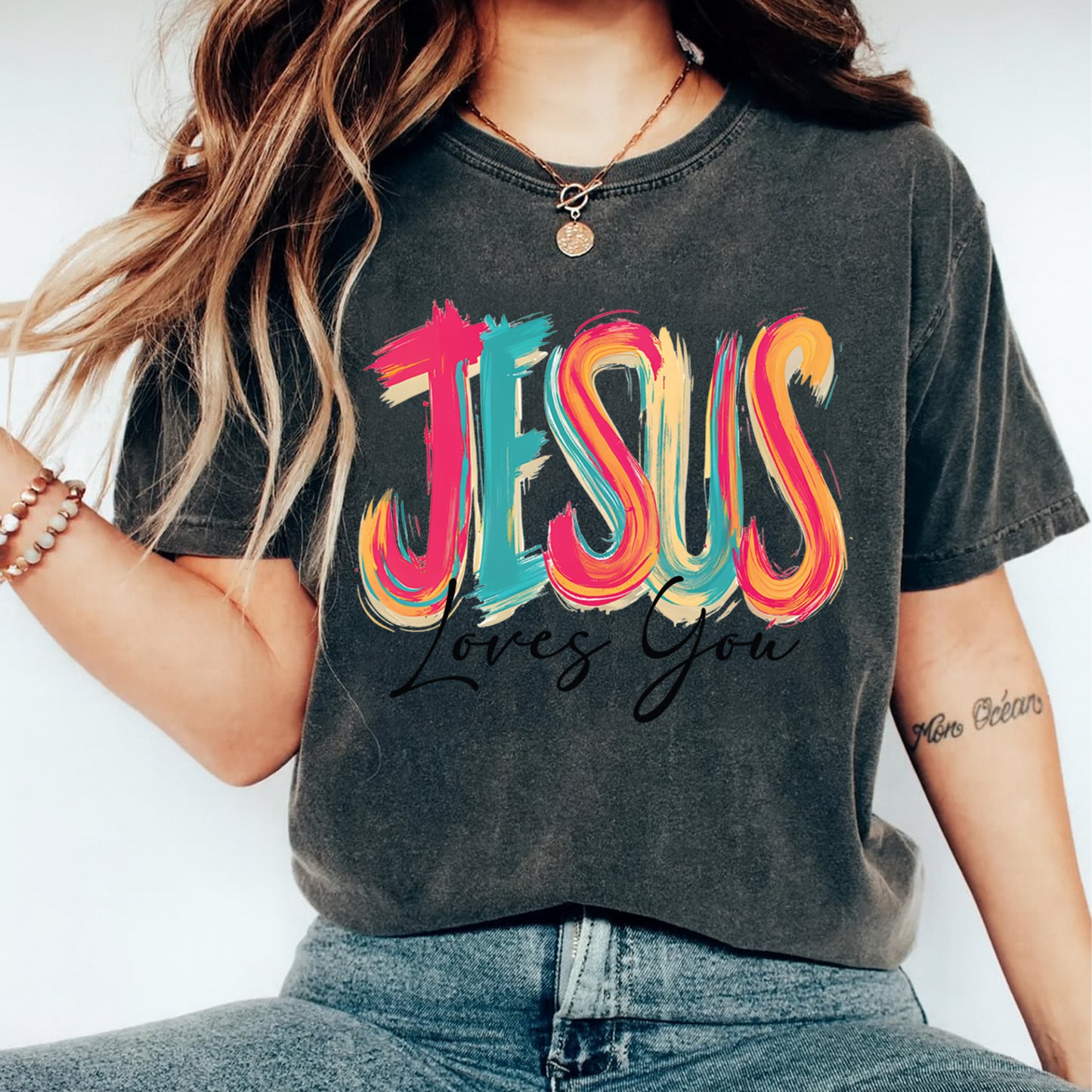 Christian DTF Transfer – Jesus Loves You Colorful Script Ready to Press Iron on Heat Transfer DIY Faith Shirts 12496