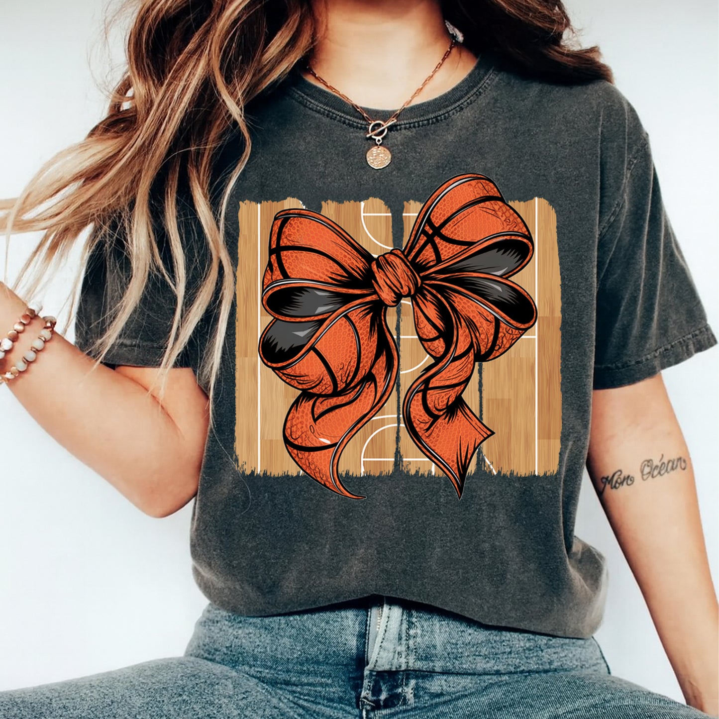 Basketball Bow DTF Transfer – Sporty Ribbon Graphic Ready to Press Iron On Heat Transfer DIY Basketball Shirts 12505