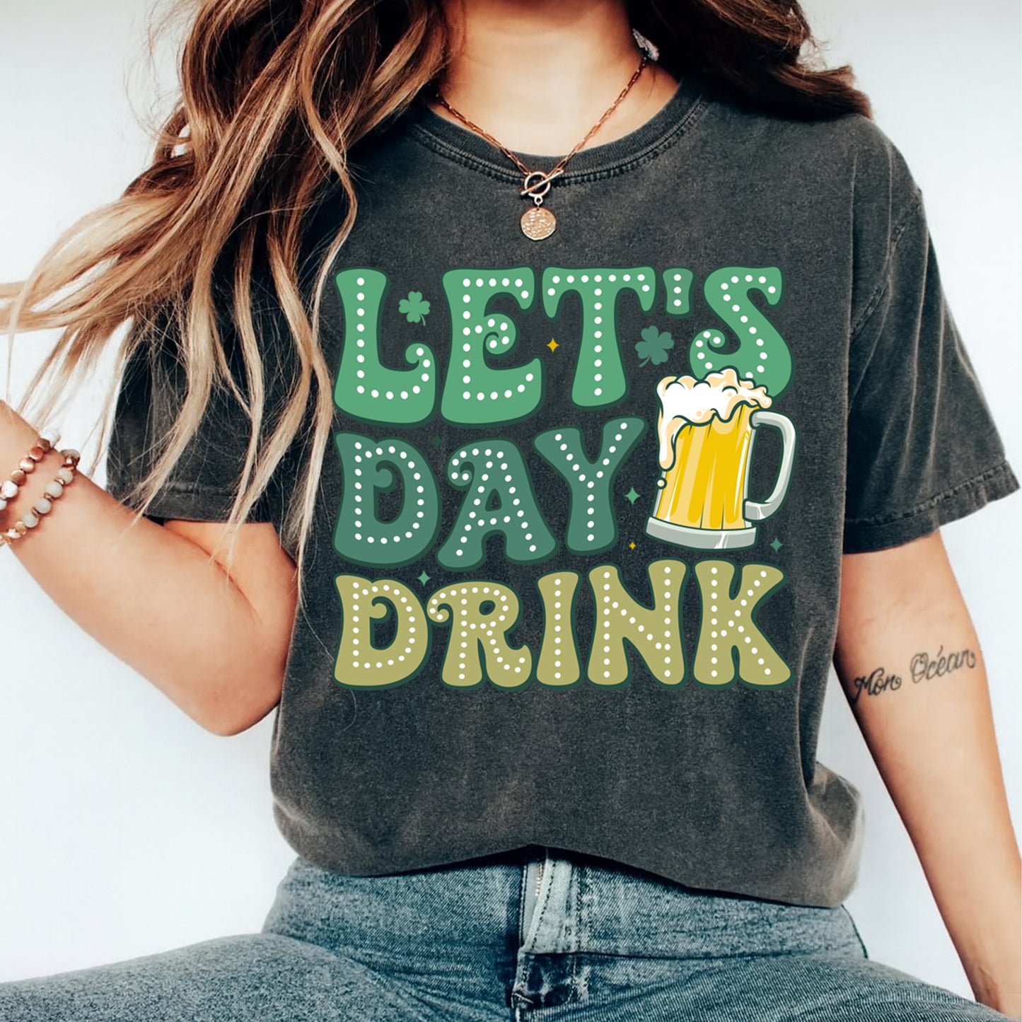St Patricks Day DTF Transfer – Lets Day Drink Ready to Press Iron On Heat Transfer for DIY St Patricks Shirts 12507